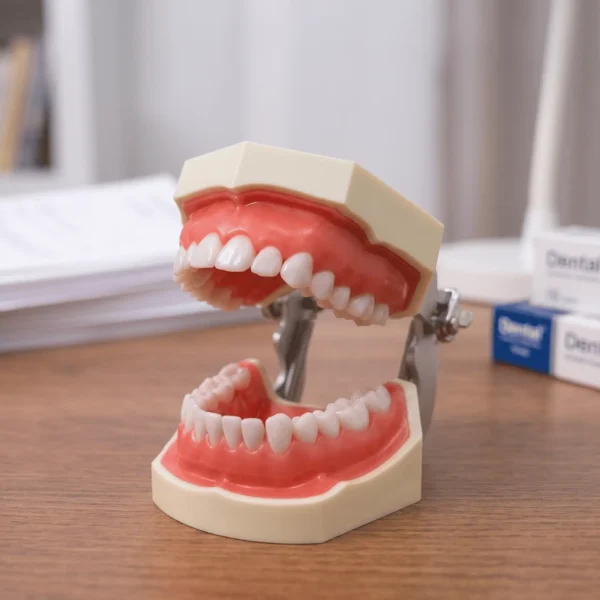 A high quality dental model on a wooden office desk It features 28 extra hard anatomical teeth secured with screws into a realistic pink soft gum base, attached by a durable stainless steel mechanical hinge