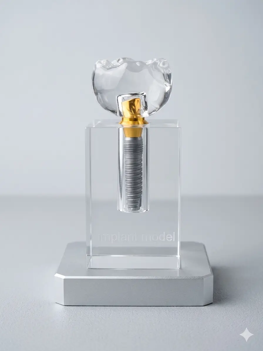 Crystal clear dental implant educational model with a gold abutment and gray screw