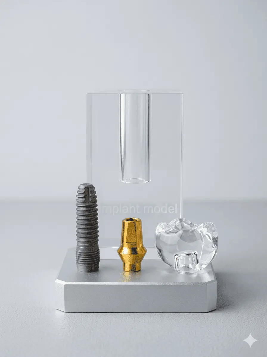 "Crystal clear dental implant educational model with a gold abutment and gray screw "