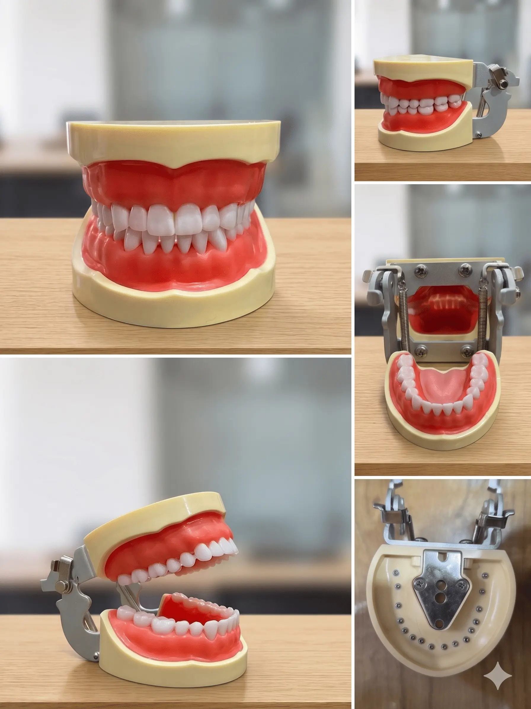 A professional full adult 32 screw dental typodont model placed directly on a wooden office desk The model showcases a complete set of 32 extra hard teeth secured with visible screws into a realistic pink soft gum base, held by a durable metal articulating hinge