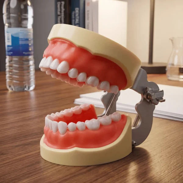 A professional full adult 32 screw dental typodont model placed directly on a wooden office desk The model showcases a complete set of 32 extra hard teeth secured with visible screws into a realistic pink soft gum base, held by a durable metal articulating hinge