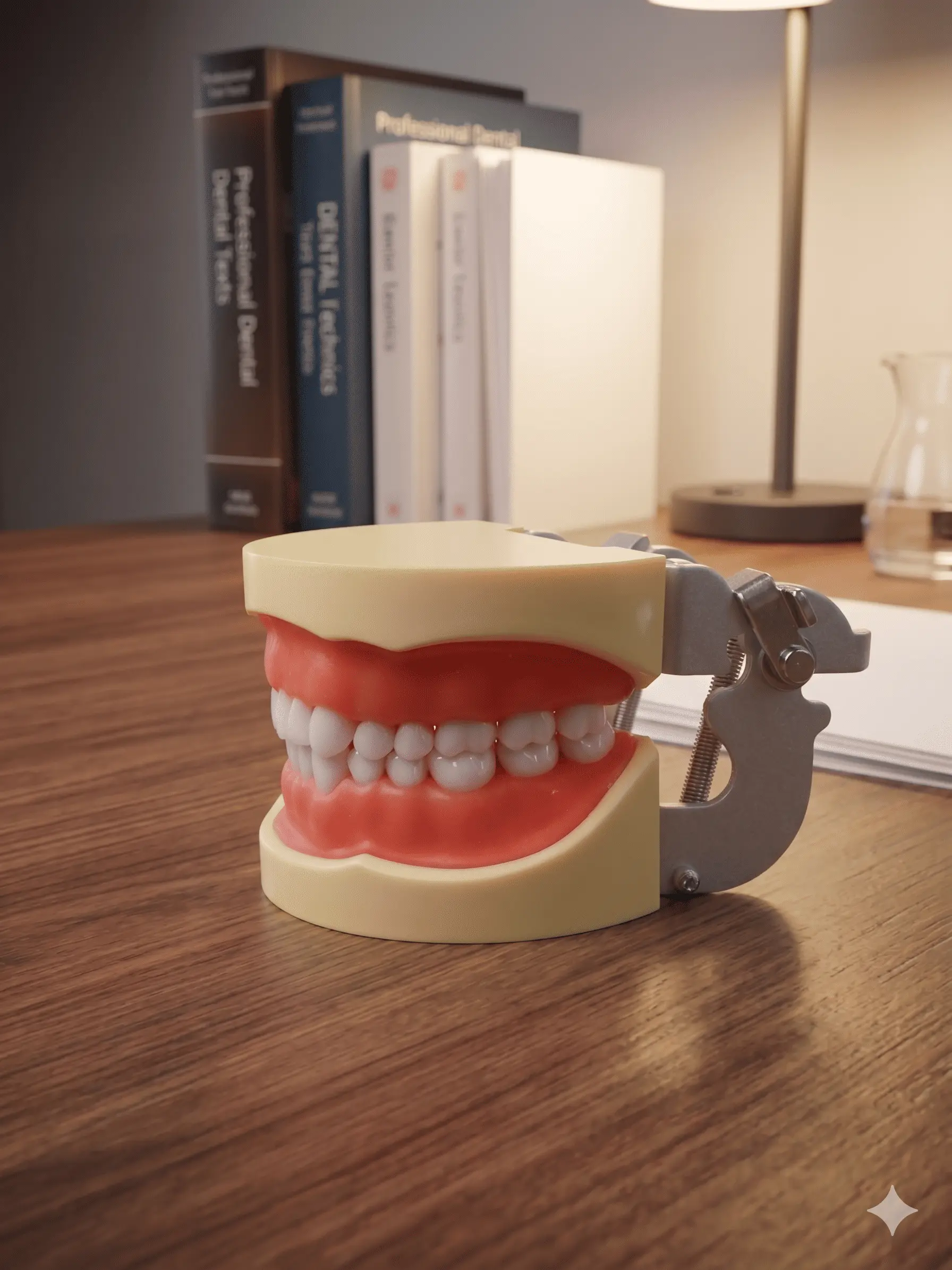 A professional full adult 32 screw dental typodont model placed directly on a wooden office desk The model showcases a complete set of 32 extra hard teeth secured with visible screws into a realistic pink soft gum base, held by a durable metal articulating hinge